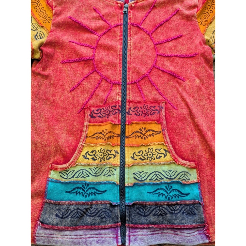 Greater Good Network Patchwork ZipUp Red Hoodie Indie Sleaze Y2K Sun Tribal L/XL - Picture 6 of 11